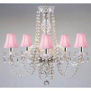 Swarovski Crystal Trimmed Chandelier! New! Authentic All Crystal Chandelier Lighting Chandeliers With Pink Shades! Swag Plug In-Chandelier W/14' Feet Of Hanging Chain And Wire w/Chrome Sleeves! - A46-B43/B15/PINKSHADES/384/5 SW