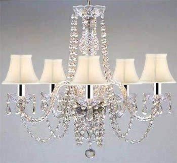 Swarovski Crystal Trimmed Authentic All Crystal Chandelier With Shades Swag Plug In-Chandelier W/ 14 Ft Of Hanging Chain And Wire w/Chrome Sleeves! - A46-B43/B15/WHITESHADES/384/5SW
