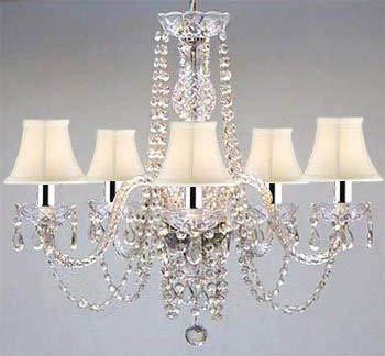 New! AUTHENTIC ALL CRYSTAL CHANDELIER WITH SHADES! SWAG PLUG IN-CHANDELIER W/ 14' FEET OF HANGING CHAIN AND WIRE W/CHROME SLEEVES! - A46-B43/B15/WHITESHADES/384/5