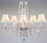 Swarovski Crystal Trimmed Chandelier New Authentic All Crystal Chandelier With Shades Swag Plug In-Chandelier W/ 14' Feet Of Hanging Chain And Wire - A46-B15/Whiteshades/384/5 Sw