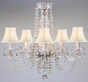 Swarovski Crystal Trimmed Chandelier New Authentic All Crystal Chandelier With Shades Swag Plug In-Chandelier W/ 14' Feet Of Hanging Chain And Wire - A46-B15/Whiteshades/384/5 Sw