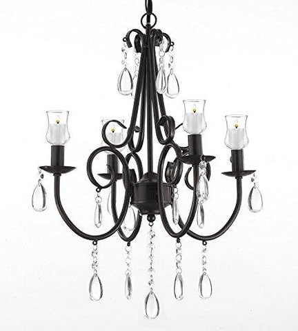 Wrought Iron & Crystal 4 Light Rustic Chandelier Lighting W/ Candle Votives For Indoor/Outdoor Use ! Great for Outdoor Events ! Hardwire and Plug In - B31-SCL1459CRT