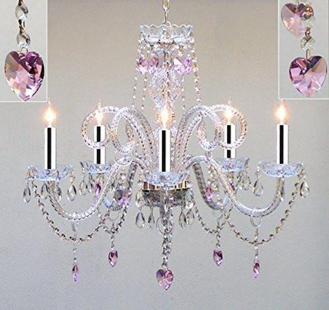Swarovski Crystal Trimmed Chandelier! Chandelier Lighting With Pink Crystal Hearts H25" X W24" Swag Plug In-Chandelier W/14' Feet Of Hanging Chain And Wire w/Chrome Sleeves! - A46-B43/B15/HEARTS/387/5/PINK SW