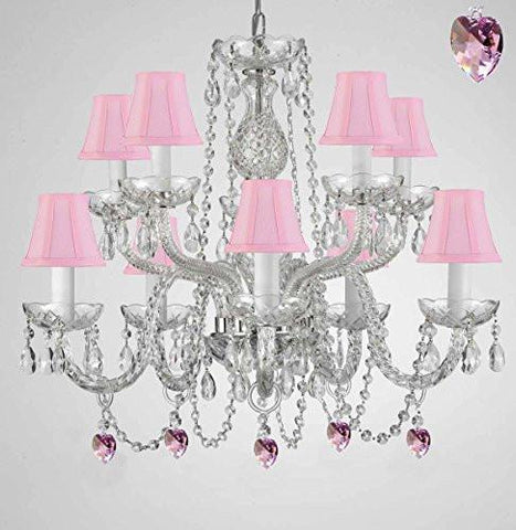 Empress Crystal (Tm) Chandelier Lighting With Pink Color Crystal And Pink Shades Swag Plug In-Chandelier W/ 14' Feet Of Hanging Chain And Wire - G46-B15/B21/Sc/1122/5+5-Pink Shades