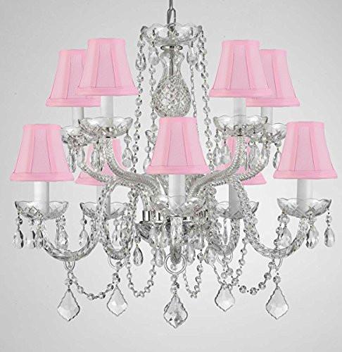 Swarovski Crystal Trimmed Chandelier Crystal Chandelier Lighting With Pink Shades H 25" X W 24" Swag Plug In-Chandelier W/ 14' Feet Of Hanging Chain And Wire - G46-B15/Pinkshades/Cs/1122/5+5 Sw