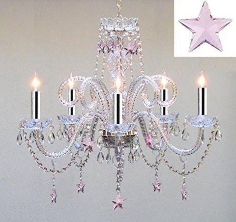 Empress Crystal(TM) Chandelier Lighting with Pink Crystal Stars w/Chrome Sleeves! H25 X W24 - Nursery, Kids, Girls Bedrooms, Kitchen, Etc! - GO-A46-B43/B38/387/5/PINK