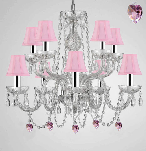 Empress Crystal (tm) Chandelier Chandeliers Lighting with Pink Color Crystal and Pink Shades w/Chrome Sleeves! Swag Plug in-Chandelier W/ 14' Feet of Hanging Chain and Wire! - G46-B43/B15/B21/SC/1122/5+5-Pink Shades