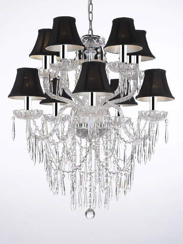 Empress Crystal (tm) Icicle Waterfall Chandelier Lighting Dining Room Chandeliers w/Chrome Sleeves! H 30" W 24" with Black Shades! Swag Plug in-Chandelier W/ 14' Feet of Hanging Chain and Wire! - G46-B43/B15/BLACKSHADES/B27/1122/5+5
