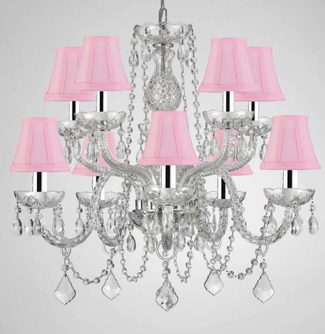 Empress Crystal (tm) Chandelier Chandeliers Lighting with Pink Shades H 25" X W 24" Swag Plug in-Chandelier W/ 14' Feet of Hanging Chain and Wire W/Chrome Sleeves! - G46-B43/B15/PINKSHADES/CS/1122/5+5
