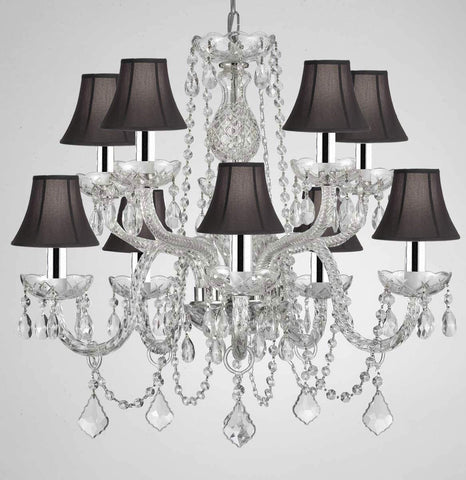 Crystal Chandelier Chandeliers Lighting with Black Shades H 25" X W 24" Swag Plug in-Chandelier w/ 14' Feet of Hanging Chain and Wire w/Chrome Sleeves! - G46-B43/B15/BLACKSHADES/CS/1122/5+5