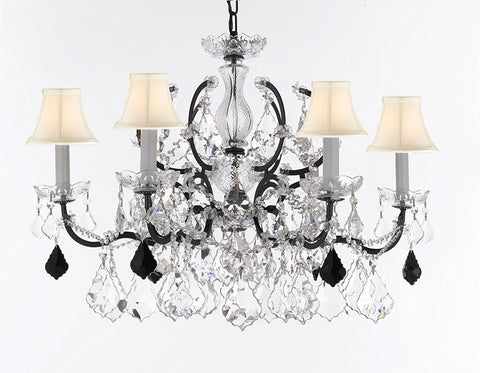 19th C. Baroque Iron & Crystal Chandelier Lighting Dressed with Empress Crystal (tm) - Dressed w/Jet Black Crystals Great for Kitchens, Closets, & Dining Rooms H 25" x W 26" w/White Shades - G83-B97/WHITESHADES/994/6