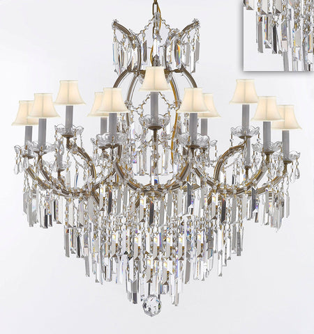 Maria Theresa Chandelier Crystal Lighting Chandeliers w/Optical Quality Fringe Prisms! Great for the Dining Room, Foyer, Entry Way, Living Room! H38" X W37" w/White Shades - A83-B8/WHITESHADES/21510/15+1