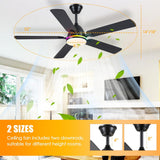 Ceiling Fans with Lights, 52 Inch Low Profile Ceiling Fan with Light and Remote Control,Reversible, RGB_3CCT, Dimmable, Quiet, Black Ceiling Fan for Bedroom Indoor/Outdoor Use