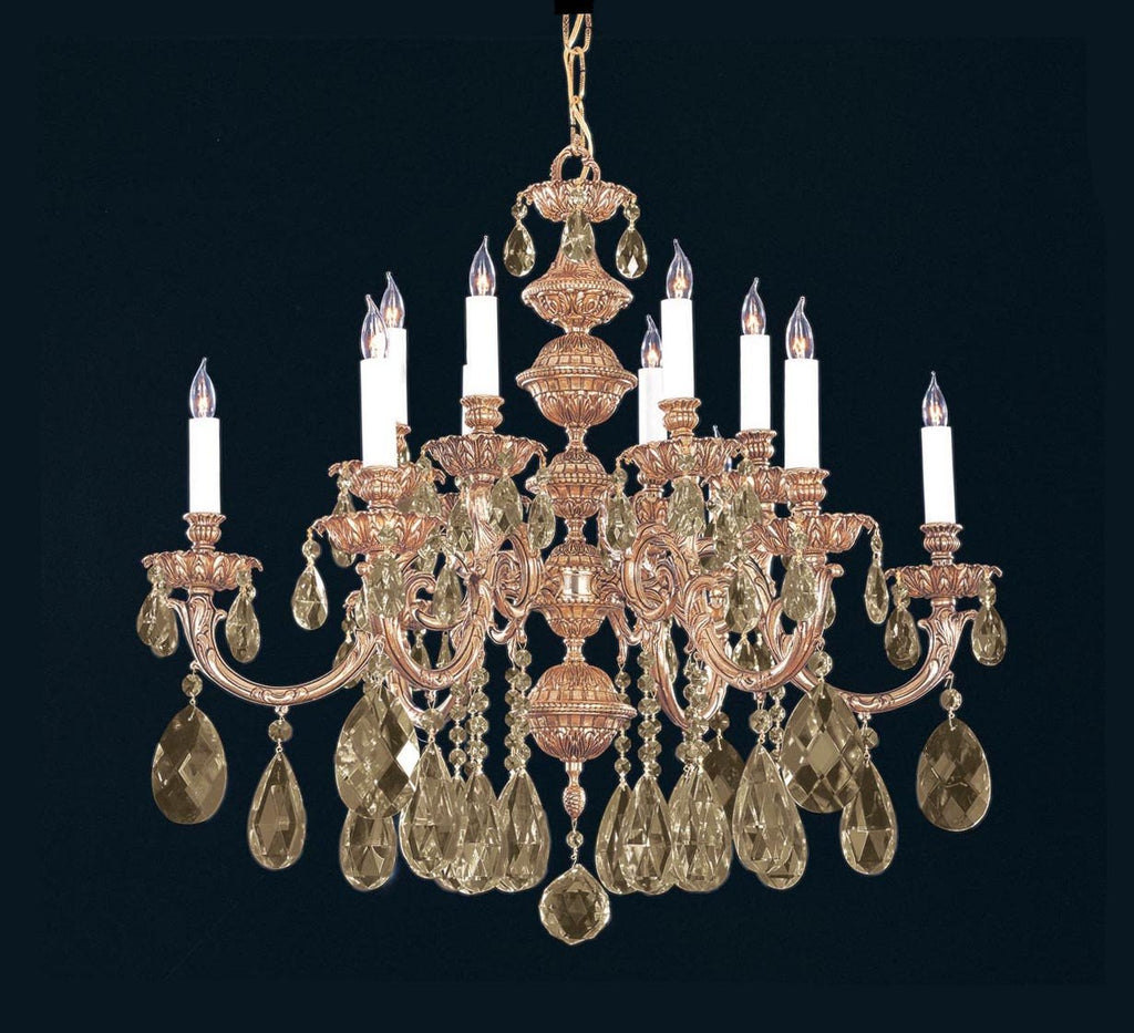 12 Light Olde Brass Crystal Chandelier Draped In Golden Teak Hand Cut Crystal - C193-2512-OB-GT-MWP