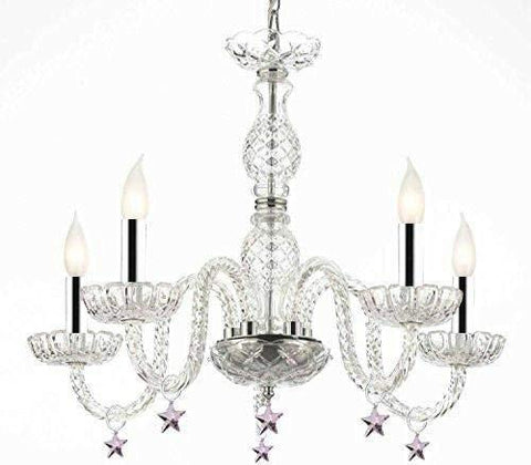 Murano Venetian Style Empress Crystal(TM) Chandelier Lighting with Pink Stars w/Chrome Sleeves! H 25" W 24" - G46-B43/B38/B11/384/5