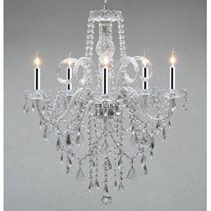Authentic All Crystal Chandelier Chandeliers H30" X W24" SWAG PLUG IN-CHANDELIER W/14' FEET OF HANGING CHAIN AND WIRE W/CHROME SLEEVES! - A46-B43/B15/3/385/5
