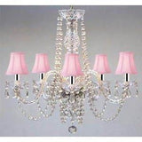 New! Authentic All Crystal Chandelier Lighting Chandeliers with Pink Shades! SWAG PLUG IN-CHANDELIER W/14' FEET OF HANGING CHAIN AND WIRE W/CHROME SLEEVES! - A46-B43/B15/PINKSHADES/384/5