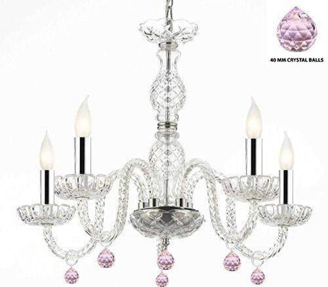 Murano Venetian Style Chandelier Lighting with Pink Crystal Balls W/Chrome Sleeves! H 25" W 24" - Perfect for Kid's and Girls Bedroom! - G46-B43/B76/B11/384/5