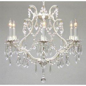 White Wrought Iron Crystal Chandelier Lighting H 19" W 20" Swag Plug In-Chandelier W/ 14' Feet Of Hanging Chain And Wire - A83-B17/White/3530/6