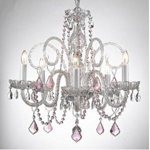Crystal Chandelier Lighting With Pink Color Crystal Swag Plug In-Chandelier W/ 14' Feet Of Hanging Chain And Wire - A46-B15/Pinkb2/385/5