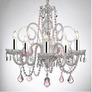 CRYSTAL CHANDELIER CHANDELIERS LIGHTING WITH PINK COLOR CRYSTAL! SWAG PLUG IN-CHANDELIER W/14' FEET OF HANGING CHAIN AND WIRE W/CHROME SLEEVES! - A46-B43/B15/PINKB2/385/5
