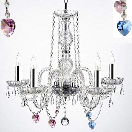 Authentic Empress Crystal Chandelier Lighting Chandeliers with Blue and Pink Crystal Hearts W/Chrome Sleeves! H25" X W24" - G46-B43/B85/B21/384/5