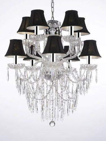 Crystal Icicle Waterfall Chandelier Lighting Dining Room Chandeliers H 30" W 24" with Black Shades w/Chrome Sleeves - G46-B43/BLACKSHADES/B27/1122/5+5