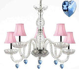 Murano Venetian Style Chandelier Lighting with Blue Crystal Hearts and Pink Shades W/Chrome Sleeves! H 25" W 24" - Perfect for Kid's and Girls BEDROOMS! - G46-B43/PINKSHADES/B85/B11/384/5