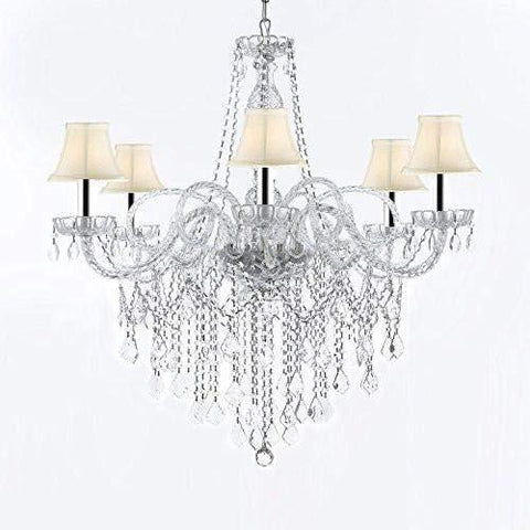 Murano Venetian Style All-Crystal Chandelier Chandeliers with White Shades W/Chrome Sleeves H38" X W32" - G46-B43/SC/WHITESHADES/B12/B67/385/6