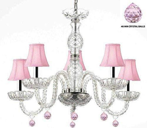 Murano Venetian Style Chandelier Lighting with Pink Crystal Balls and Pink Shades! H 25" W 24" - Perfect for Kid's and Girls BEDROOMS W/Chrome Sleeves - G46-B43/PINKSHADES/B76/B11/384/5