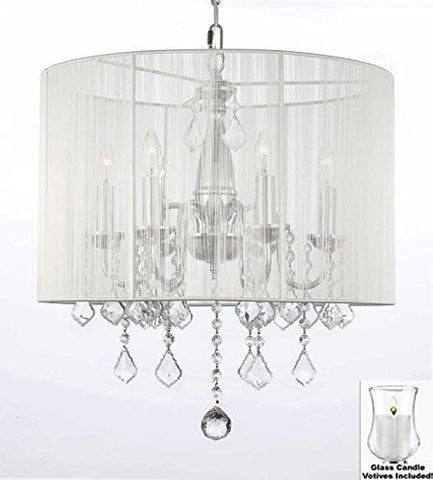 Crystal Chandelier With Large White Shade And Votive Candls H 19.5" X W 18.5" - For Indoor / Outdoor Use Great For Outdoor Events Hang From Trees / Gazebo / Pergola / Porch/Patio/Tent - J10-B31/1126/6