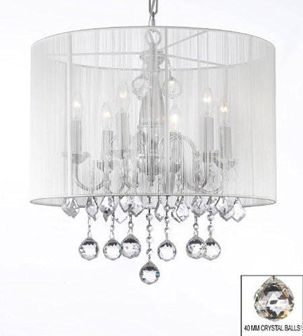 Crystal Chandelier With Large White Shade & 40Mm Crystal Balls H 19.5" X W 18.5" - J10-B6/1126/6