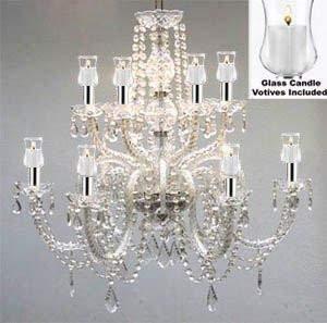 Crystal Chandelier Lighting W/Candle Votives w/Chrome Sleeves! H.27" X W.32"- for Indoor/Outdoor Use! Great for Outdoor Events, Hang from Trees/Gazebo / Pergola/Porch / Patio/Tent ! - F46-B43/B31/385/6+6