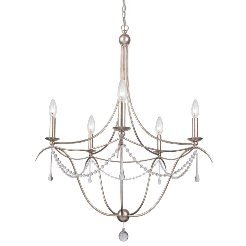 5 Light Antique Silver Modern Chandelier Draped In Clear Glass Beads & Murano Crystal - C193-425-SA