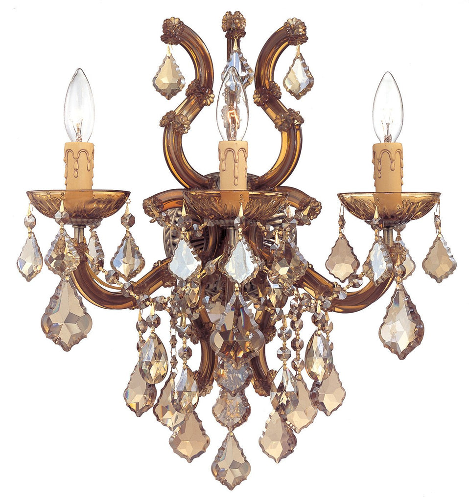 3 Light Antique Brass Crystal Sconce Draped In Golden Teak Hand Cut Crystal - C193-4433-AB-GT-MWP