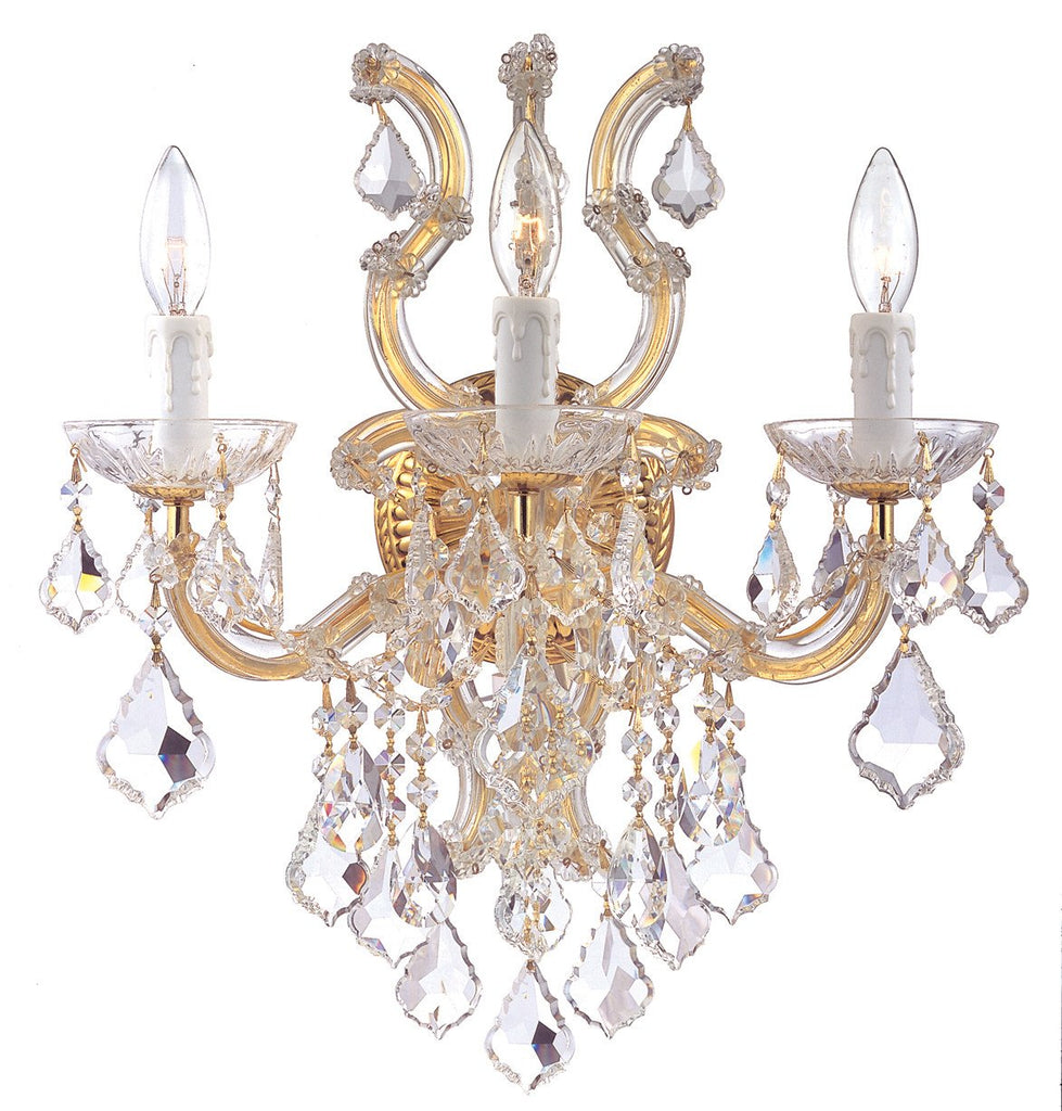 3 Light Gold Crystal Sconce Draped In Clear Swarovski Strass Crystal - C193-4433-GD-CL-S