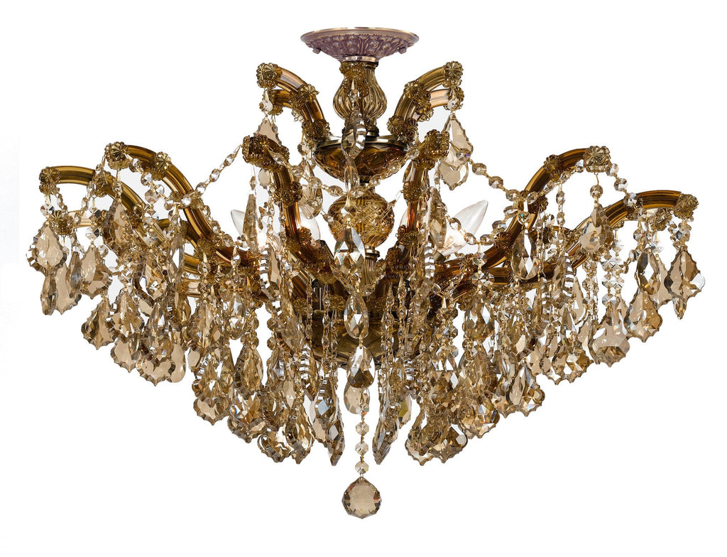 6 Light Antique Brass Crystal Ceiling Mount Draped In Golden Teak Hand Cut Crystal - C193-4439-AB-GT-MWP_CEILING