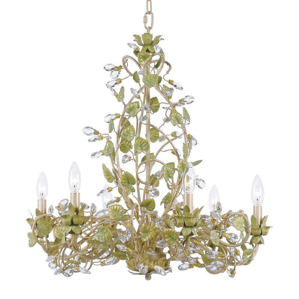 6 Light Champagne Green Tea Floral Chandelier Draped In Clear Hand Cut Crystal - C193-4846-CT