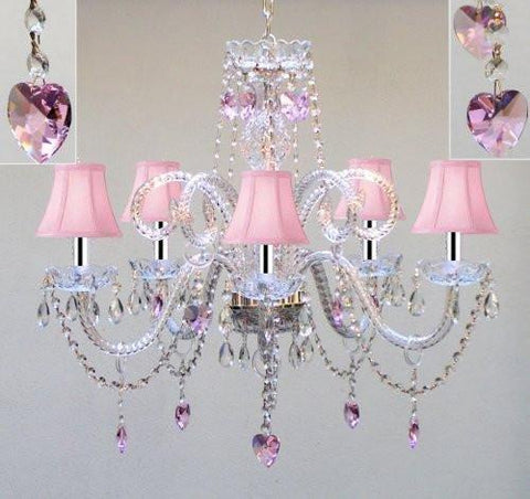 CHANDELIER LIGHTING W/CRYSTAL PINK SHADES & HEARTS! H25" x W24" SWAG PLUG IN-CHANDELIER W/14' FEET OF HANGING CHAIN AND WIRE! - PERFECT FOR KID'S AND GIRLS BEDROOM W/CHROME SLEEVES - A46-B43/B15/PINKSHADES/387/5/PINKHEARTS