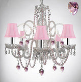 Empress Crystal (Tm) Chandelier Lighting with Pink Color Crystal Hearts & Pink Shades! Swag Plug In-chandelier w/14' Feet of Hanging Chain and Wire w/Chrome Sleeves! PERFECT FOR GIRLS BEDROOM! - A46-B43/B15/B41/SC/385/5-Pink Shades