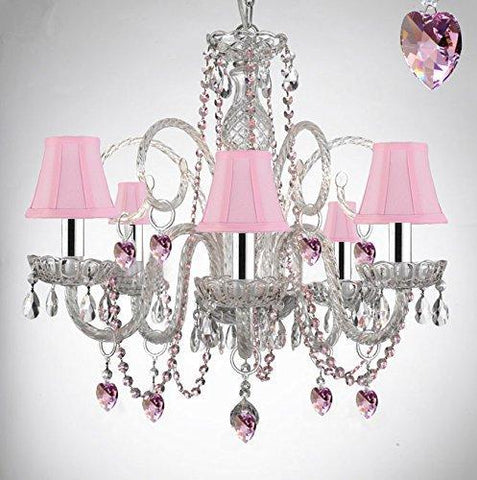 Empress Crystal (Tm) Chandelier Lighting with Pink Color Crystal Hearts & Pink Shades! Swag Plug In-chandelier w/14' Feet of Hanging Chain and Wire w/Chrome Sleeves! PERFECT FOR GIRLS BEDROOM! - A46-B43/B15/B41/SC/385/5-Pink Shades