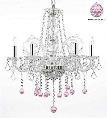Crystal Chandelier Chandeliers Lighting with Pink Crystal Balls w/Chrome Sleeves! H25" x W24" - G46-B43/B76/385/5