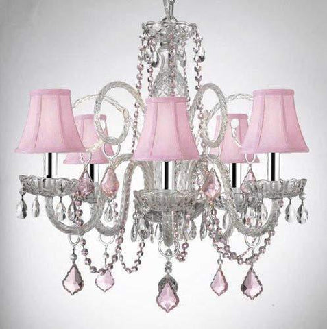 CRYSTAL CHANDELIER CHANDELIERS LIGHTING WITH PINK COLOR CRYSTAL AND SHADES! W/CHROME SLEEVES! - A46-B43/PINKB2/PINKSHADES/385/5