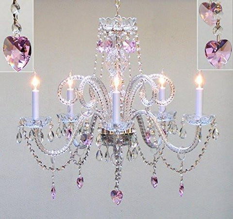 Swarovski Crystal Trimmed Chandelier Chandelier Lighting With Pink Crystal Hearts H25" X W24" Swag Plug In-Chandelier W/ 14' Feet Of Hanging Chain And Wire - A46-B15/Hearts/387/5/Pink Sw