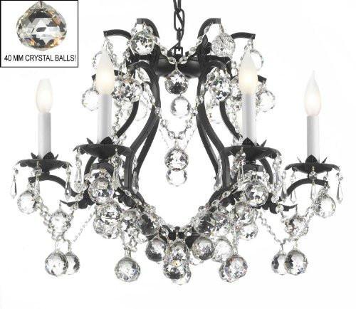 Black Wrought Iron Crystal Chandelier Lighting H 19" W 20" Dressed With Feng Shui 40Mm Crystal Balls - A83-B6/3530/6