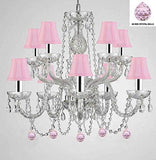 Empress Crystal (tm) Chandelier Lighting with Pink Color Crystal Balls and Pink Shades w/Chrome Sleeves! Swag Plug in-Chandelier W/ 14' Feet of Hanging Chain and Wire! - G46-B43/B15/B76/SC/1122/5+5-Pink Shades