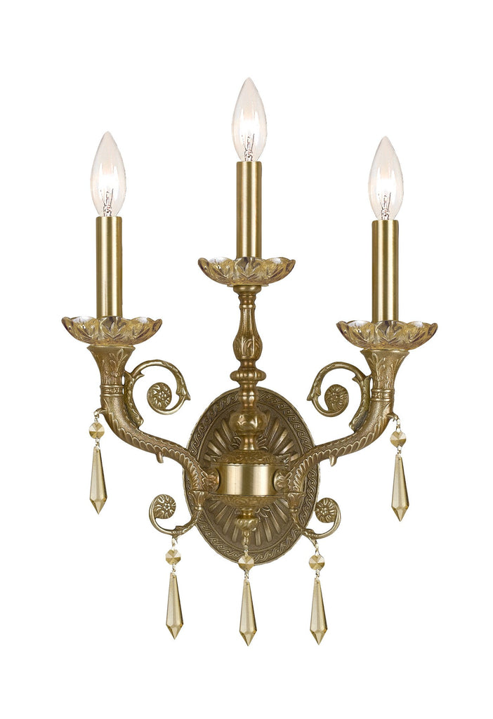 3 Light Aged Brass Traditional Sconce Draped In Golden Teak Hand Cut Crystal - C193-5173-AG-GT-MWP