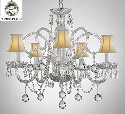 Swarovski Crystal Trimmed Chandelier Crystal Chandelier With White Shades & Crystal Balls - A46-B6/Whiteshades/385/5 Sw