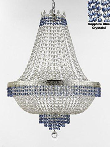 French Empire Crystal Chandelier Chandeliers Lighting Trimmed With Sapphire Blue Crystal Good For Dining Room Foyer Entryway Family Room And More H36" W30" - F93-B83/Cs/870/14