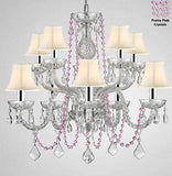 Authentic All Crystal Chandelier Chandeliers Lighting with Pretty Pink Crystals and White Shades! Perfect for Living Room, Dining Room, Kitchen, Kid'S Bedroom W/Chrome Sleeves! H25" W24" - G46-B43/B84/CS/WHITESHADES/1122/5+5